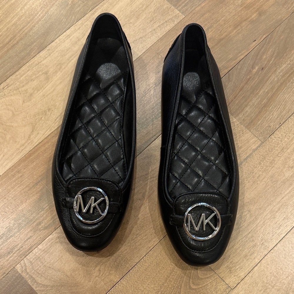Michael Kors Black Quilted Leather Flats with Silver MK Emblem
